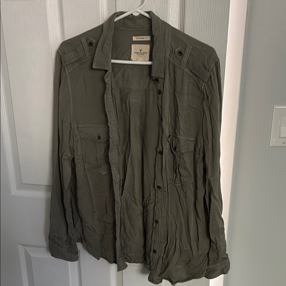American Eagle Outfitters Boyfriend Fit Olive Green Button-Down Shirt